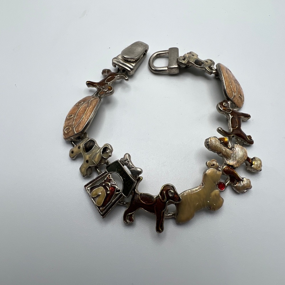 Dog Lovers Bracelet Brown Tan Enamel Silver Tone Magnetic Closure‎